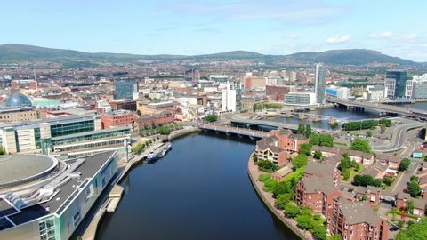18.7.21 Belfast, Northern Ireland : Aerial view on river and buildings in City center of Belfast Northern Ireland. Drone photo, high angle view of town