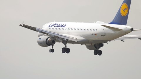 FRANKFURT AM MAIN, GERMANY - JULY 21, 2017: Passenger plane of Lufthansa Airbus 320 arrives on runway at Frankfurt, Germany