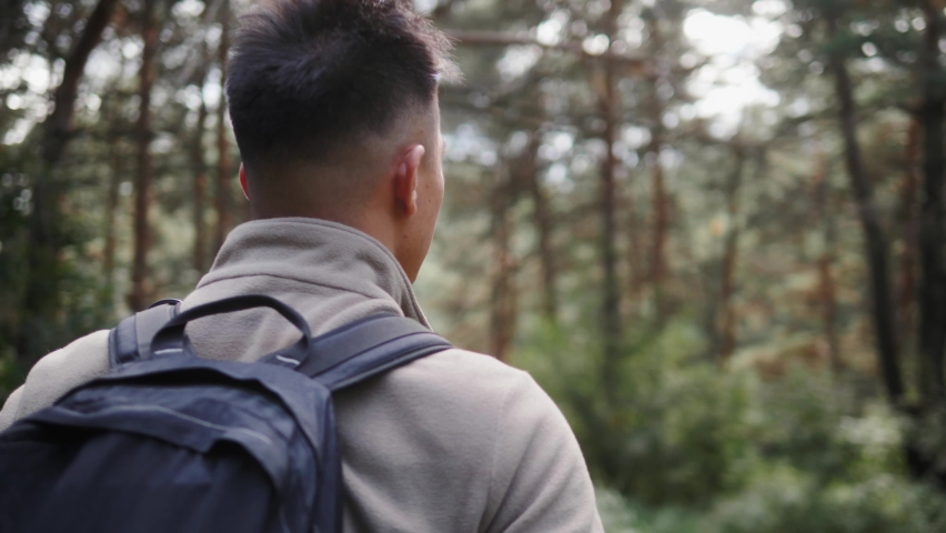 Happy Asian man with backpack walking on path forest. Summer holiday and vacation trip, korean hiker student on digital detox, walking tour vacation, close to the nature, cardio training Royalty-Free Stock Footage #1076098481
