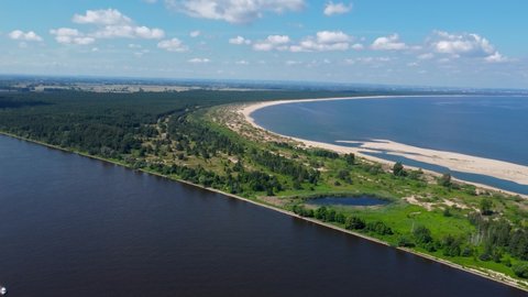 Aerial view on nature reserve Mewia Lacha between vistula river and Baltic Sea. Summer view on nature reserve on Sobieszewo island.