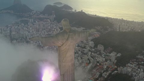 Rio de Janeiro, Rj, Brazil - April 04, 2021: Aerial Footage Passing by Christ the Redeemer Sugar Loaf