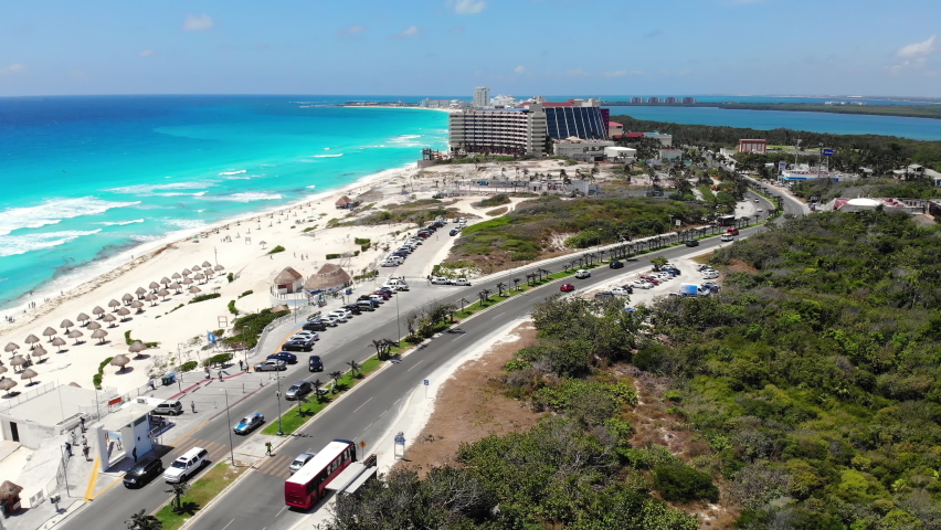 Aerial view of Cancun boulevard and Caribbean sea coast in Hotel Zone of Cancun, Mexico