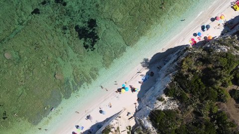 Elba Island, Italy. Amazing downward aerial view from drone of Capo Bianco Beach near Portoferraio