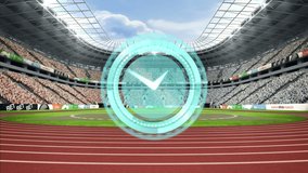 Animation of digital clock over sports stadium. global sports, data processing, digital interface and technology concept digitally generated video. - Powered by Shutterstock - Get 15% off with code: PIKWIZARD15