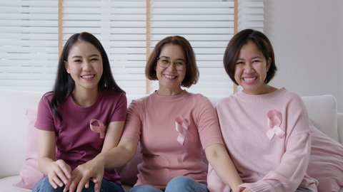 Diversity group asia happy people or senior mature lady and teen girl sit at home sofa smile look at camera to help fight prevent or protect female disease issue relief, patient health care benefit.