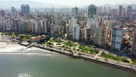 Panorama landscape of coastal city of Santos, Brazil. Aerial landscape of landmark of city at sunny day. Bay water aerial view. Santos, Sao Paulo, Brazil. Seascape of Santos, Brazil.