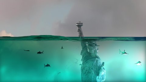 statue of Liberty under water, America flooded New York render 3d