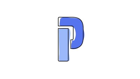 Letter P. 4K video. Blue font animated isolated on clear white background. Contrasting symbol, moving mobile form, black outline. Capital Letter P for software, user interface, mobile app, game.