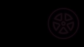 Glowing neon line Car wheel icon isolated on black background. 4K Video motion graphic animation.