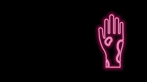 Glowing neon line Hand with psoriasis or eczema icon isolated on black background. Concept of human skin response to allergen or chronic body problem. 4K Video motion graphic animation.
