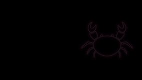 Glowing neon line Crab icon isolated on black background. 4K Video motion graphic animation.