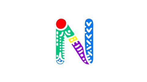 Letter N. 4K video. Unique font animated isolated on White background. Colorful bright multi-colored contrasting doodle symbol, ornament. Capital Letter N for logo, icon, user interface, game, apps