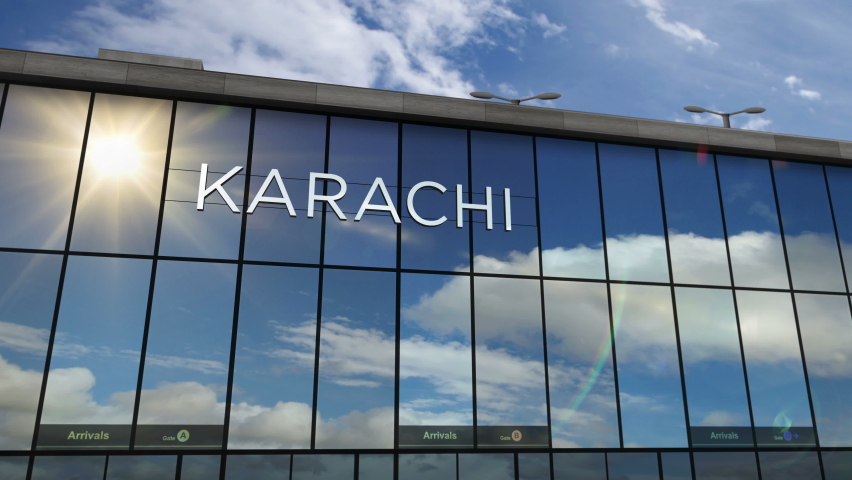 Jet aircraft landing at Karachi, Pakistan 3D rendering animation. Arrival in the city with the glass airport terminal and reflection of the plane. Travel, business, tourism and transport concept.