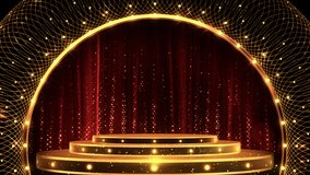 Beautiful luxury red curtain and glitter. golden shiny circle frame and platform with round flashing light bulbs. Digital Art. Computer animation. Modern background. motion design. Loopable. LED.4K