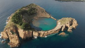 Islet of Vila Franca do Campo, Sao Miguel, Azores, Portugal. Aerial view of the isolated, remote landscape within the sea. Wonderful natural beauty of the island seen from top. High quality 4k footage