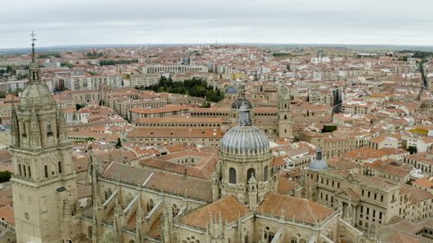 Panorama Of The Old Cityscape Of Salamanca And The Ancient Landmark Of Salamanca Cathedral In Spain. aerial, orbit