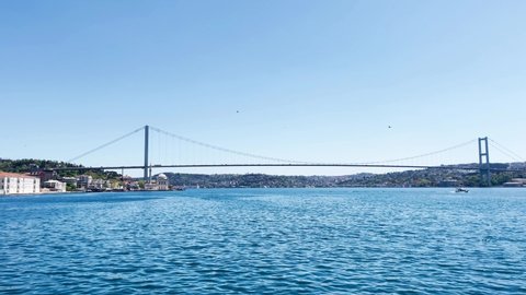 View from Bosphorus to Fatih Sultan Mehmet Bridge in Istanbul. 4K footage clip