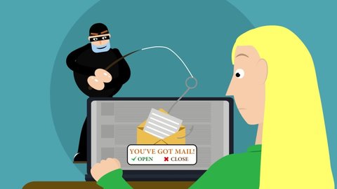 Animation cartoon of hacker trying to hack Phishing mail computer crime virus