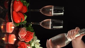 A male hand pouring champagne in glasses on Valentine's Day, 4k vertical video