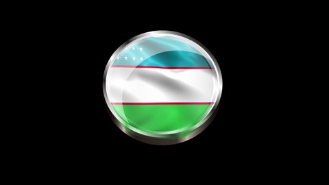 Steel Badge with the Flag of Uzbekistan on Transparent Background. Uzbekistan Flag Glass Button Concept Style with Circular Metal Frame. 4K Ultra HD ProRes 4444, Loop Motion Graphic Animation.