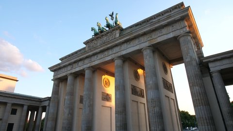 Brandenburger Tor Brandenburg Gate in Berlin with Quadriga statue on top, wide shot in the evening on a sunny day