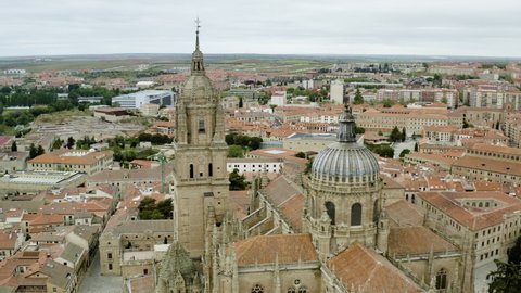 Beautiful View Of Famous Cathedral Of Salamanca Castilla y Leon Region, Spain - aerial drone shot