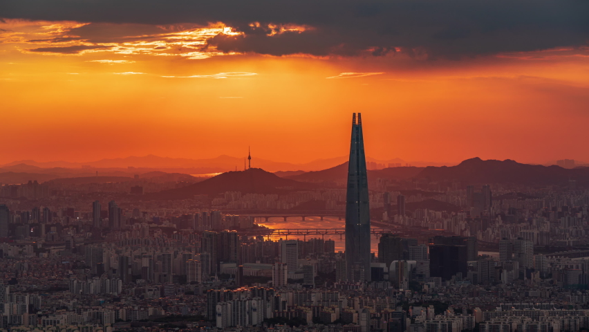 Zoom in,Time lapse 4k, Top view Sunset of Seoul, City Skyline at South,Korea.