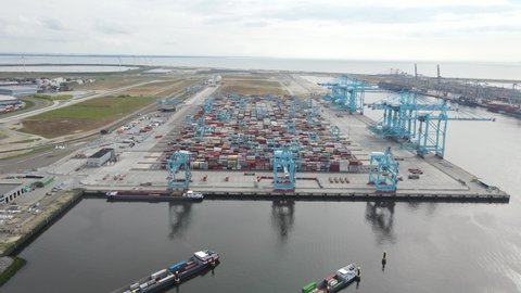 Rotterdam, 5th of July 2021, The Netherlands. Aerial drone view of container dock in one of the largest harbours in the world.