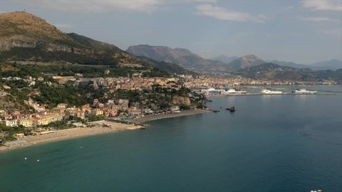 Aerial view to Vietri sul Mare and Salerno south city in Italy. Beautiful view from above to the sea and landscape. Concept of tourism, and traveling. Boats and ships. Timelapse and hyperlapse .