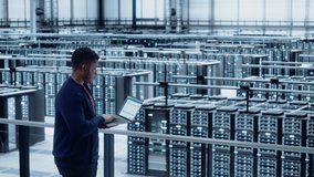 Data Center Engineer Using Laptop Computer. Server Farm Cloud Computing Specialist Facility with African American Male System Administrator Working with Data Protection Network for Cyber Security. - Powered by Shutterstock - Get 15% off with code: PIKWIZARD15