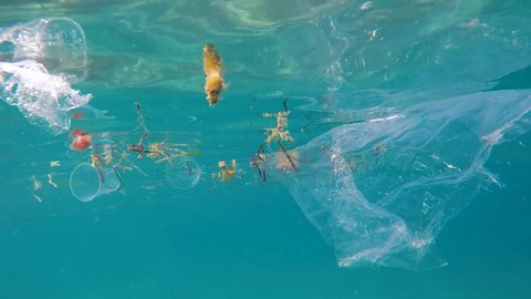 Plastic garbage floats on the surface of the blue water in the sea. Pollution of the seas and oceans