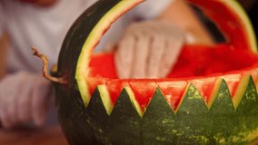 I cut the watermelon. I make watermelon in the shape of a basket. 4k video