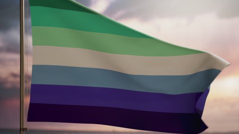 MLM pride flag waving at sea coast at sunset or sunrise slowmotion. Waving flag animation. Gay pride colors
