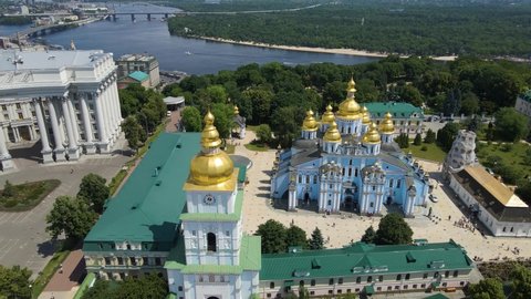 Aerial view. Michael's Golden-Domed Monastery on Mikhailovskaya Square in Kiev. Historical center of Kiev