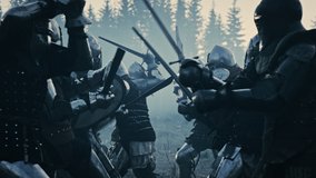 Epic Armies of Medieval Knights on Battlefield Clash, Armored Warriors Fighting Swords. Bloody War, Battle, Invasion. Dramatic Historical Reenactment. Cinematic Blue Light, Slow Motion, Medium - Powered by Shutterstock - Get 15% off with code: PIKWIZARD15