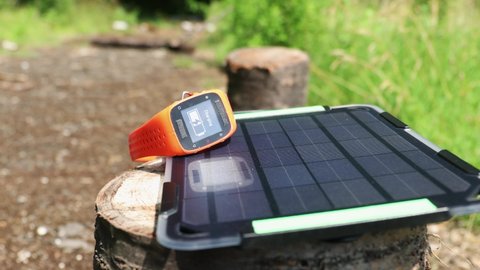 Concept of renewable energy. Portable solar panel charges a smartwatch on a tree stump in a summer day.v