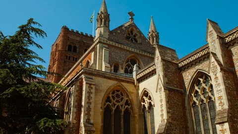 The exterior of St Albans Cathedral, in St Albans, Hertfordshire, England, whose architecture dates back to Norman times in 1077