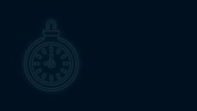 Glowing neon line Pocket watch icon isolated on black background. 4K Video motion graphic animation.