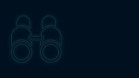 Glowing neon line Binoculars icon isolated on black background. Find software sign. Spy equipment symbol. 4K Video motion graphic animation.