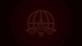 Glowing neon line Globe with flying plane icon isolated on black background. Airplane fly around the planet earth. Aircraft world icon. 4K Video motion graphic animation.