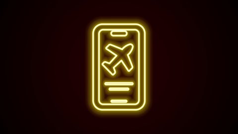 Glowing neon line Smartphone with electronic boarding pass airline ticket icon isolated on black background. Passenger plane mobile ticket for web and app. 4K Video motion graphic animation.
