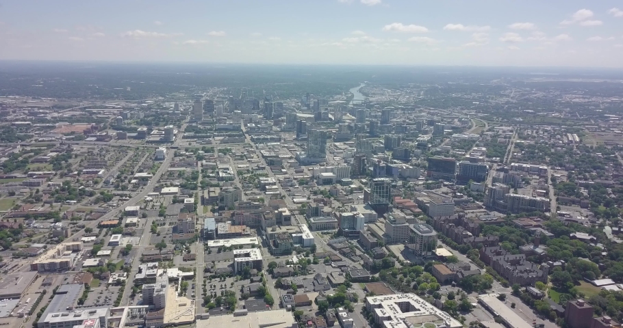 An aerial drone flight over the Parthenon in downtown Nashville, Tennessee.
