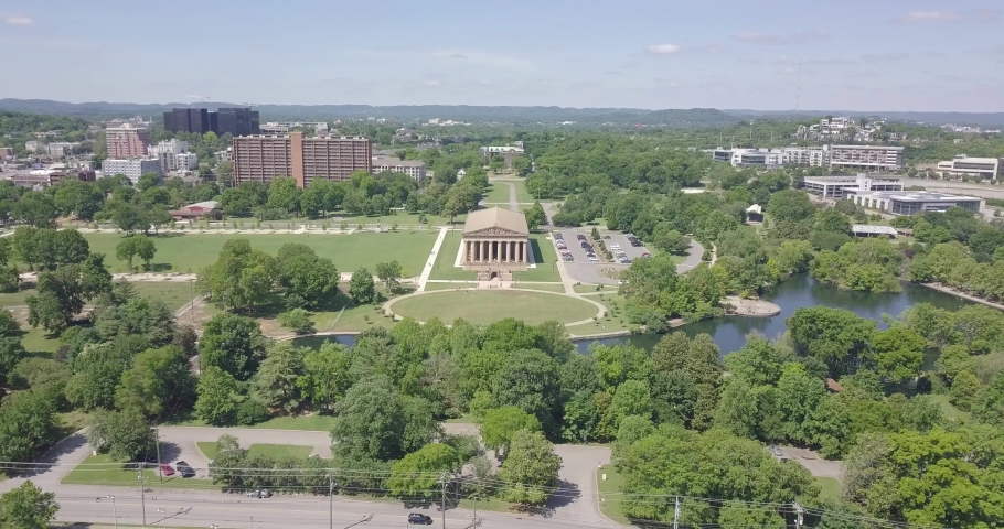 An aerial drone flight over the Parthenon in downtown Nashville, Tennessee.