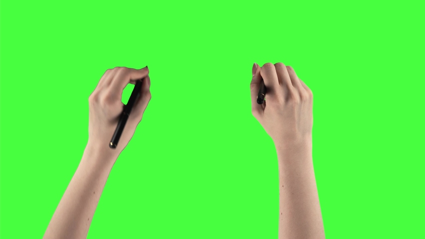 Pack of 24 gestures made by female hands which are writing by pen on a green screen background. Woman draws different signs like lines or question marks on a chroma key. Notes on touchscreen by stick. Royalty-Free Stock Footage #1076212787