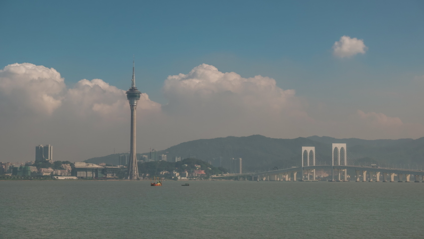 sunny day macau city bay famous tower traffic bridge panorama 4k timelapse china