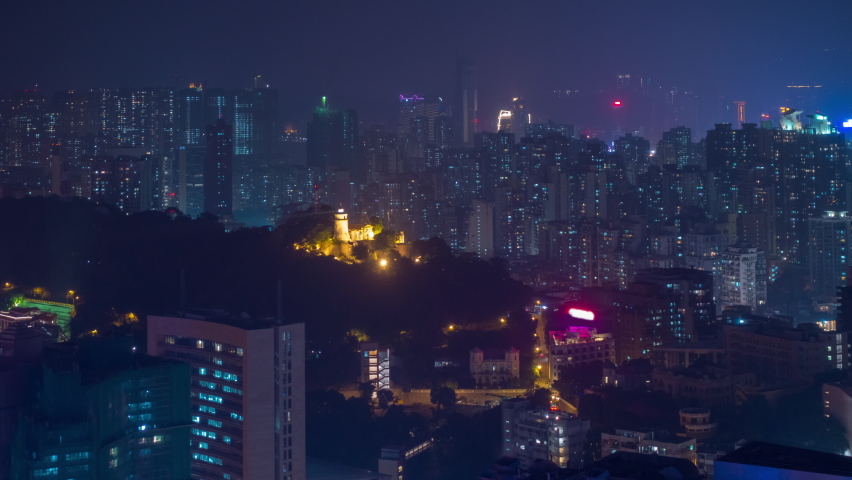 night illuminated macau cityscape rooftop panorama 4k timelapse china