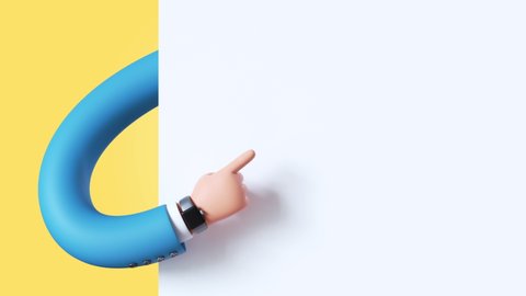3d animation, cartoon character businessman flexible hand appears from around the corner, pointing with a finger to a blank page. Commercial offer business concept isolated on yellow background