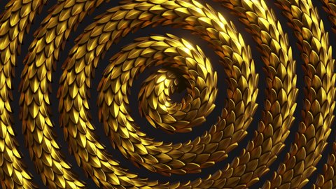 3d cycled animation, abstract fantasy background with spiral golden snake moving, shiny metallic dragon scales texture, animated wallpaper