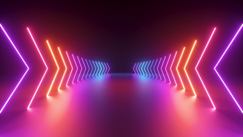 3d cycled animation, abstract pink red blue neon background with glowing gradient arrows, showing forward direction. Empty stage Royalty-Free Stock Footage #1076222072