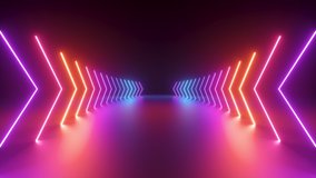 3d cycled animation, abstract pink red blue neon background with glowing gradient arrows, showing forward direction. Empty stage